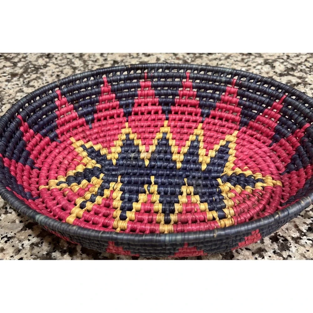 Southwestern/Mexican Jute Coil Weave Basket Colorful Pink Blue Oval 11.5